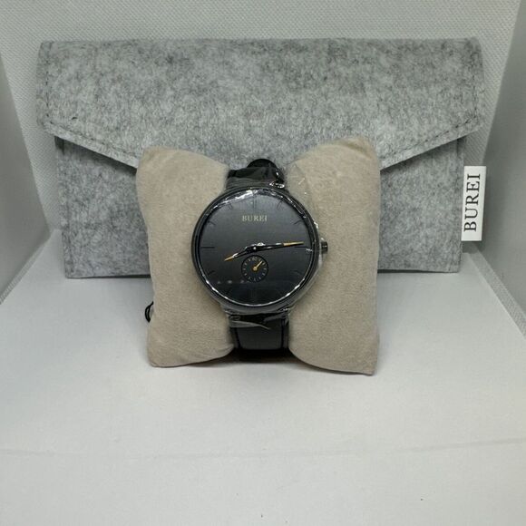 Burei S-6024M Men Black Leather Strap Analog Fashion Minimalist Watch YAY124 - Picture 1 of 12